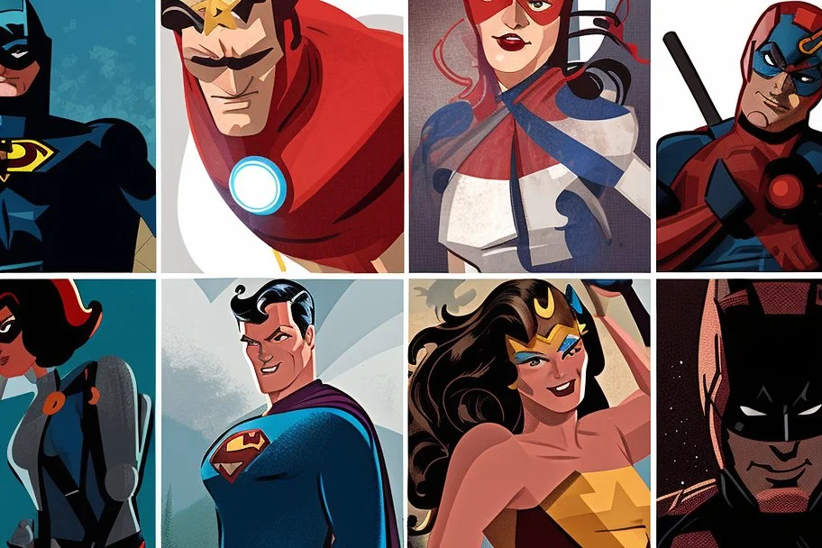 superhéroes ilustración retro al estilo de los dibujantes de los años 70