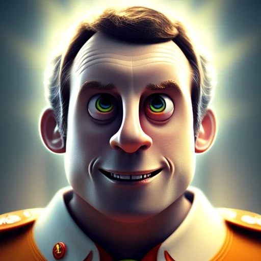 Emmanuel Macron, Pixar Studio movie style, circular reflective eyes, smooth lighting, rounded face, caricature, large nose, 3d portrait