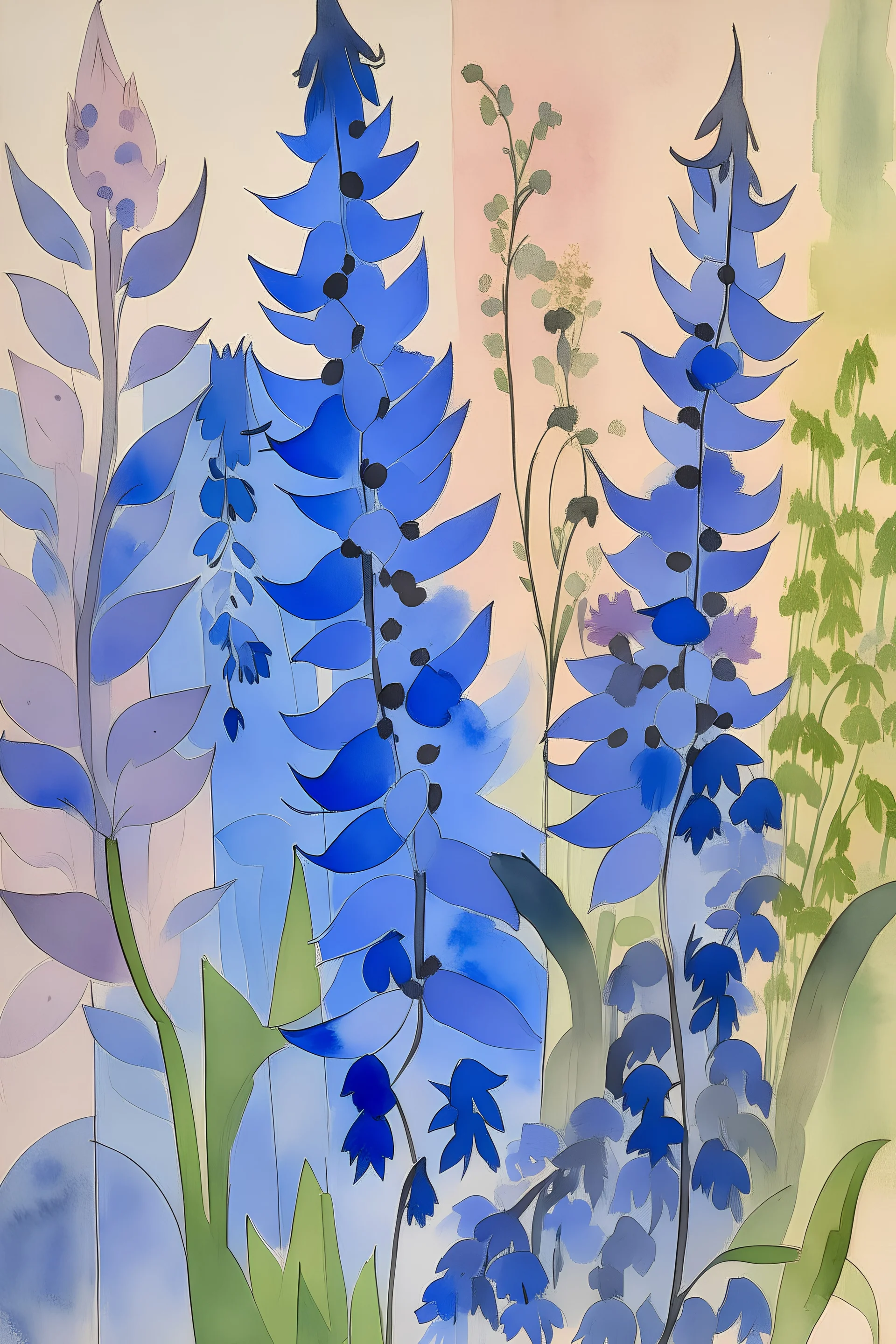 Watercolour of delphiniums in the style of Paul Klee
