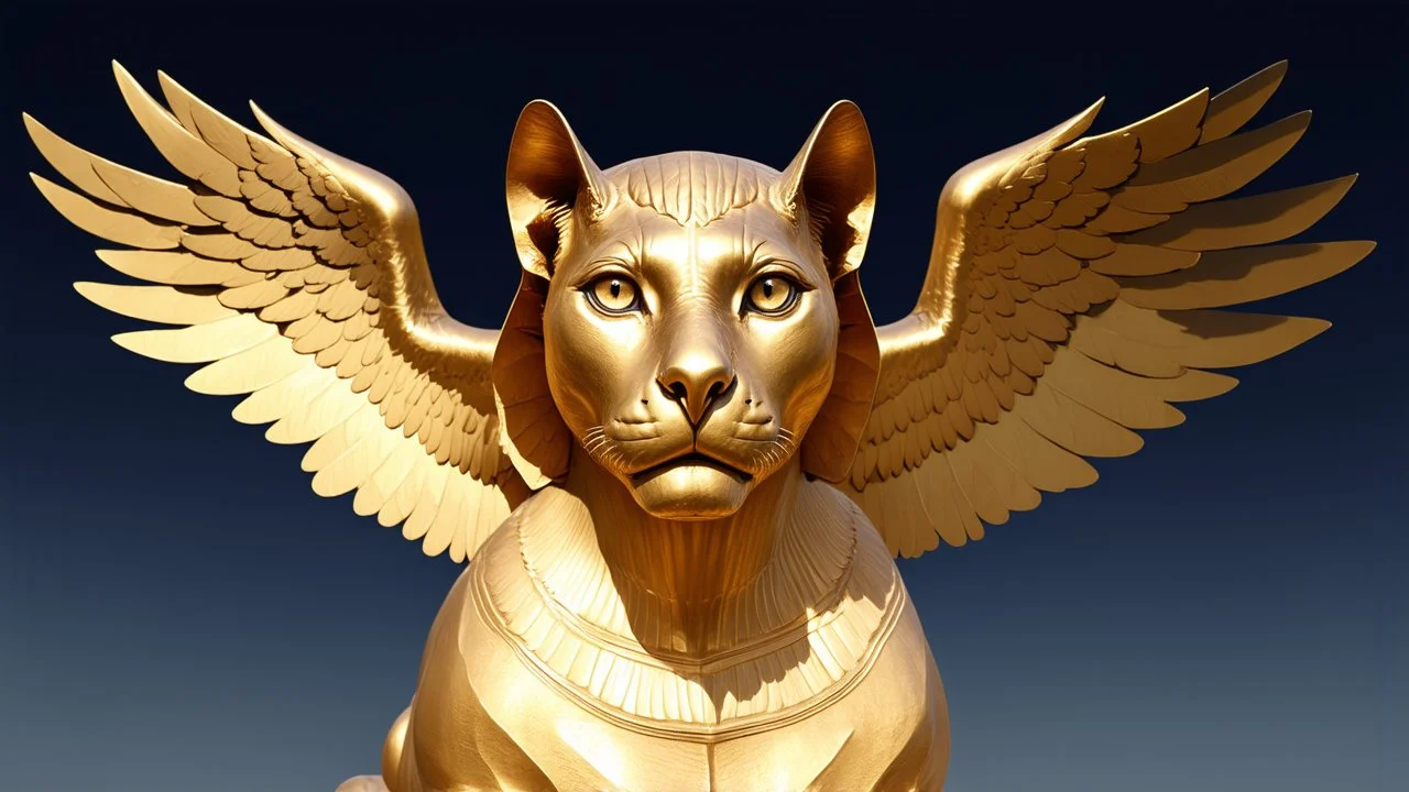 Sphinx with golden fur and hawk wings, wise and majestic