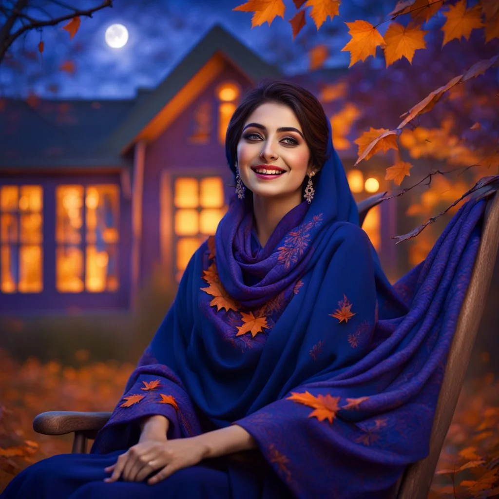 Hyper Realistic Photographic-Close-Face-View of Beautiful Young Happy Pashto Woman Wearing Navy-Blue-Dress-With Purple-Embroidery & Purple Shawl Happily Sitting Outside Her Blue on her rocking-chair Colored-House-with-Orange-windows at beautiful-night with leaves-falling from thick-trees with-moonlight-rays on her face showing dramatic & cinematic ambiance.