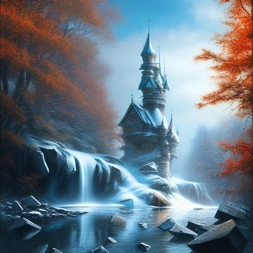 giants throwing stones, spray painted fantasy art, book cover ,autumn icy water, statue in water