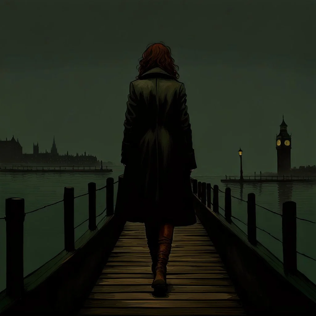 Painting of a woman wearing a long black coat and brown leather boots walking on a pier, inspired by John Atkinson Grimshaw, inspired by Jacob Schikander, inspired by John Petty, by a pier, Carl Critchlow. Moody, John Capel, by Jacob Schikander, by John Atherton, by John Alexander, by Eamon Everell, by John Laurie Morrison, Waves breaking on the pier, in the background a full moon shining in yellow light, A thick mist rises from the water