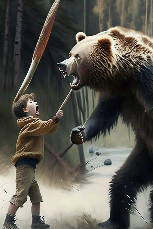 A boy picked up a stick and waved it at the bear, yelling and screaming.