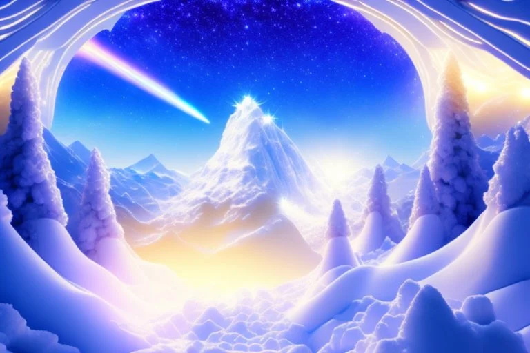 white spaceship with light in the below. the landscape is a fairy colourfull forest with snow sweety mountains. the sky is blu with stars and brightness beam