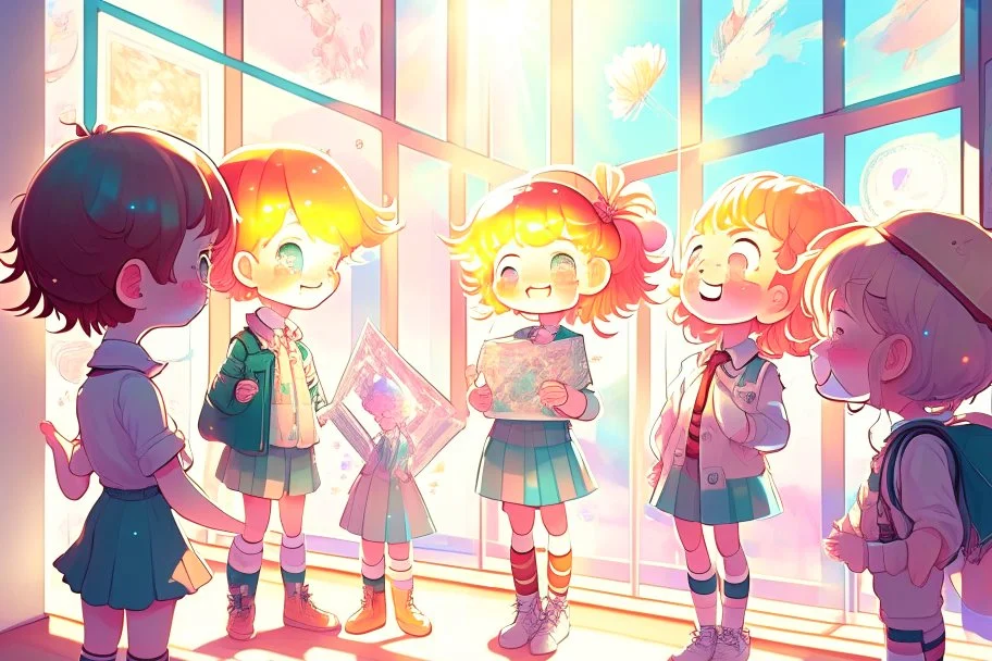 cute chibi holographic girls and boys looking at pictures happily at an exhibition room in sunshine