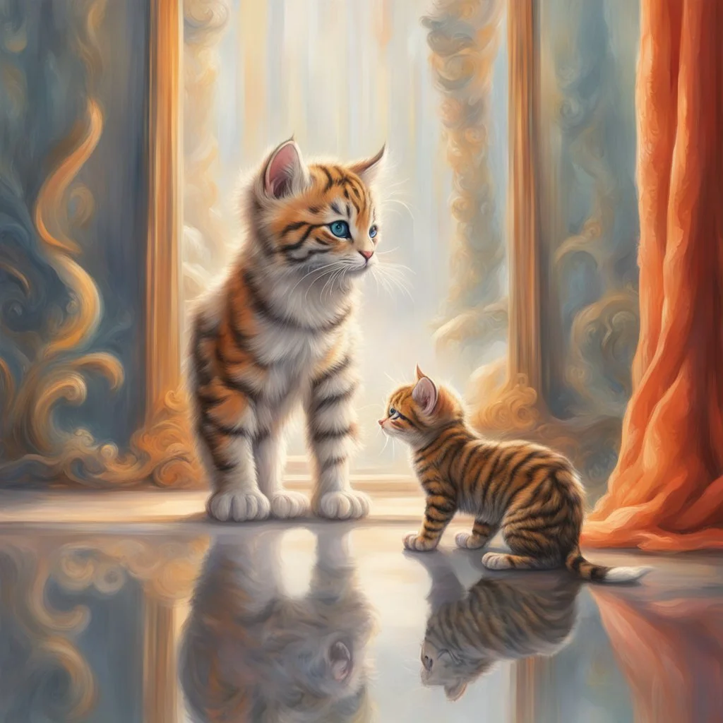 In a world full of fantasy, a little kitten stands in front of a mirror. In place of his own reflection, a majestic tiger appears. The little cat's eyes are wide in awe as she beholds the majesty of the tiger. The cat's left paw and the tiger's right paw appear to touch each other. Details like lush fur, bright orange stripes, and the tiger's intimidating gaze in the mirror create a sharp contrast to the kitten's delicate and innocent appearance Leica Q2 with Summilux 3 Photo