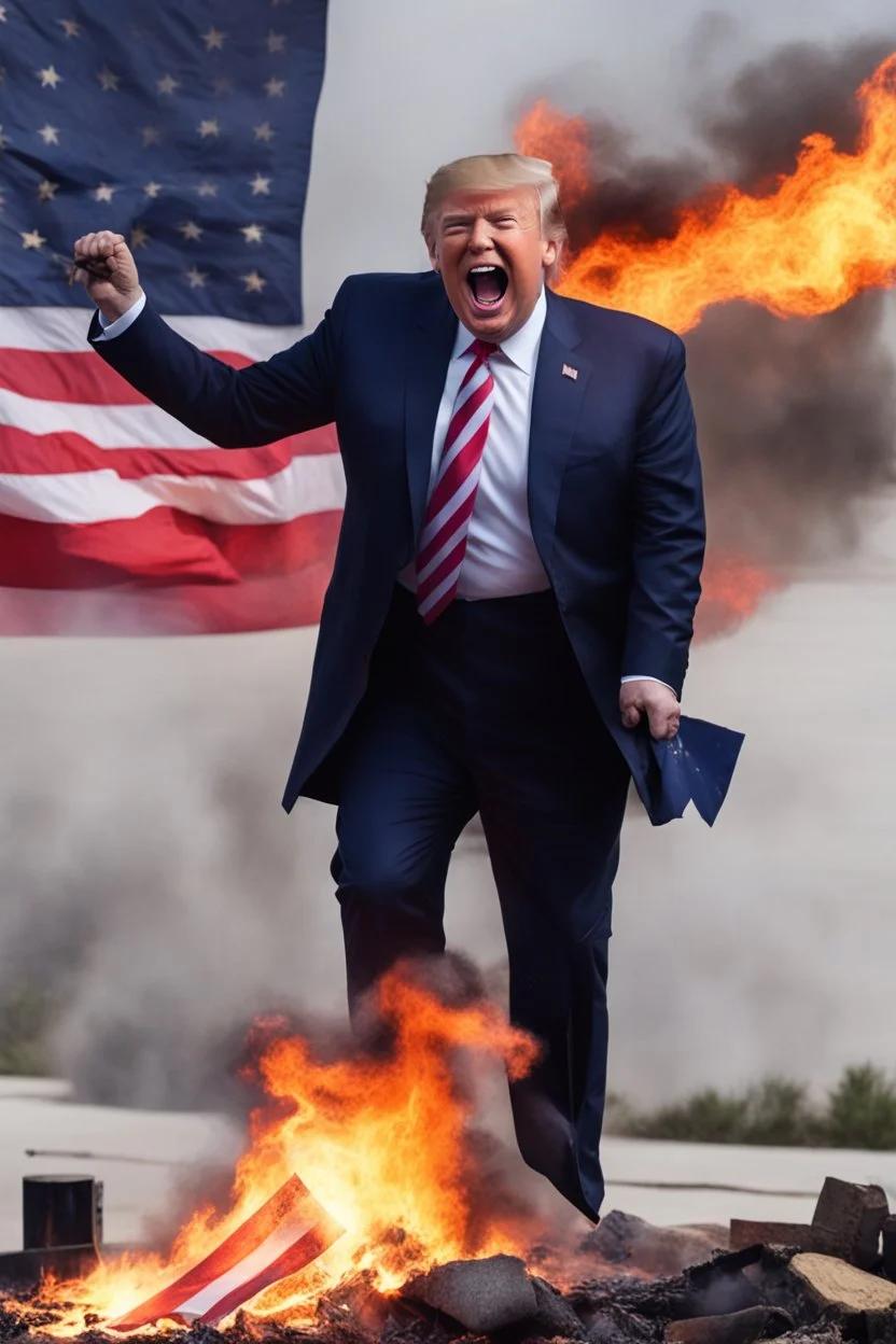 donald trump maniacally laughing as he burns the american flag