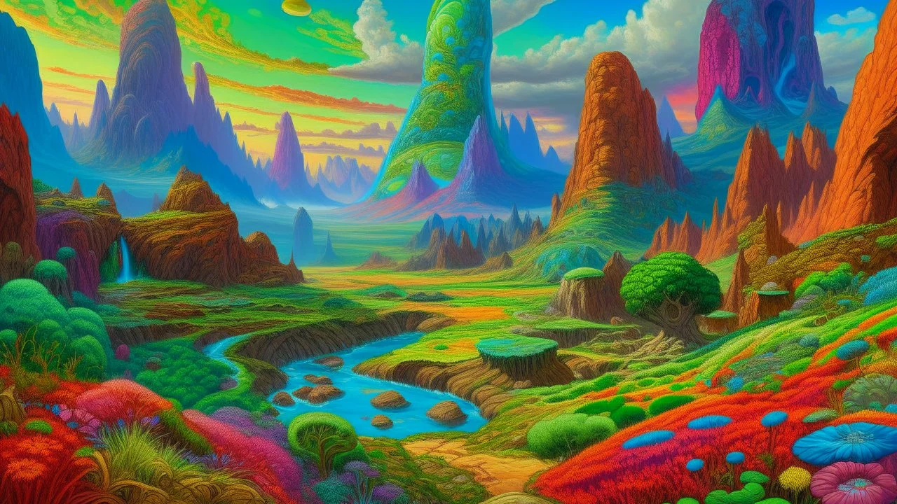 A painting of a fantastical, otherworldly terrain, depicting a vibrant and colorful alien landscape. In the foreground, large, flat-topped rock formations in vibrant hues are surrounded by lush vegetation. In the middle ground, a winding river draws the eye to the background, where towering, rugged mountains rise imposingly against a partly cloudy sky. All covered in colorful vegetation.