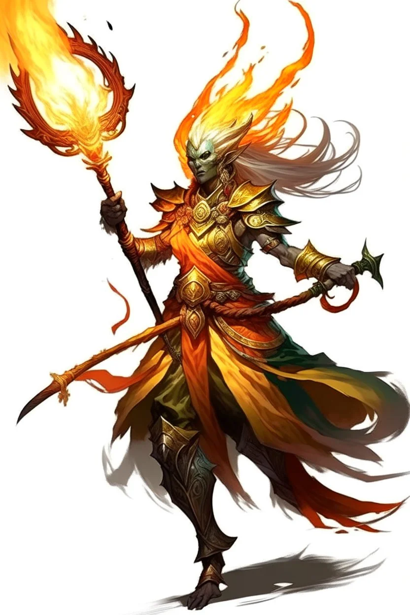 Air genasi from dnd with ashesen skin and asian flowing hair on head holding a Flaming spear in Monk attire with Fire giant symbolism more ash less fire