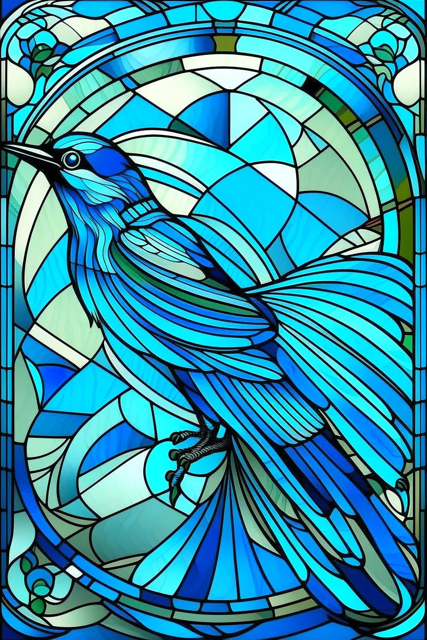 vitrail d'un geai bleu ailes déployées art déco d'après mucha