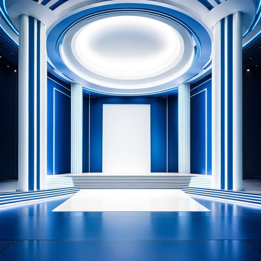 liminal space, blue and white, retrofuturism, empty stage