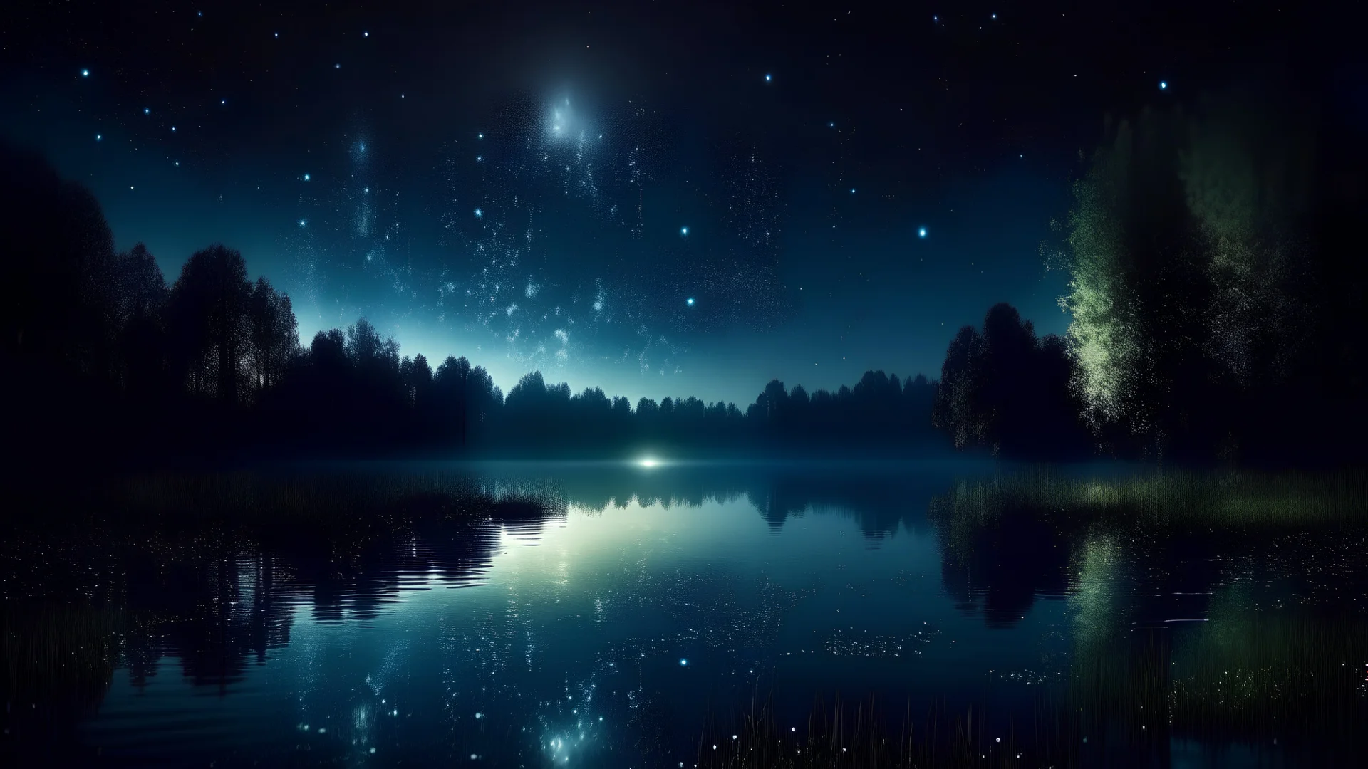 A lake whose waters reflect the night sky with such clarity that it seems to be full of stars. The creatures that inhabit its depths emit a light of their own, adding a magical glow to the environment.