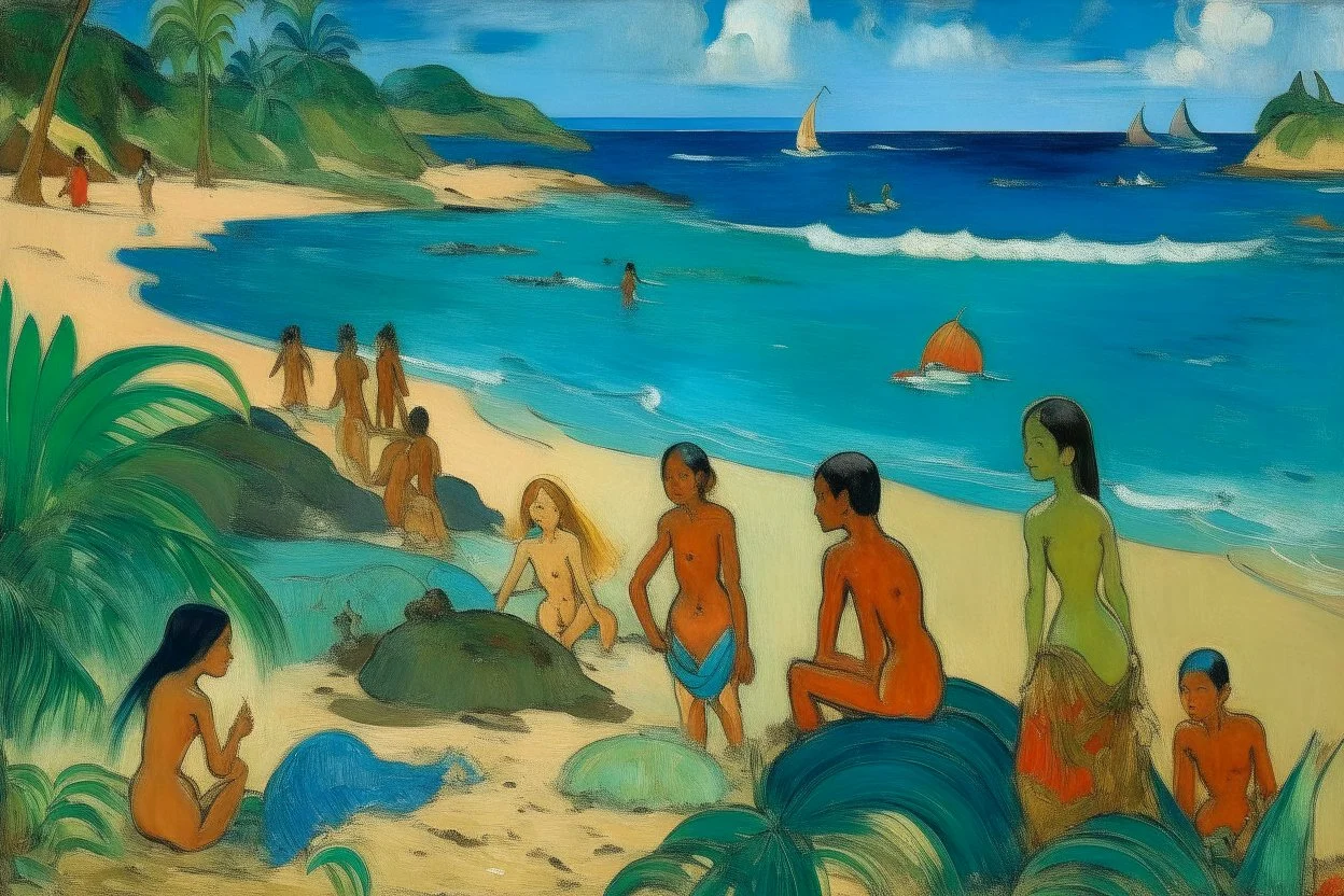 A blue beach filled with beautiful mermaids painted by Paul Gauguin