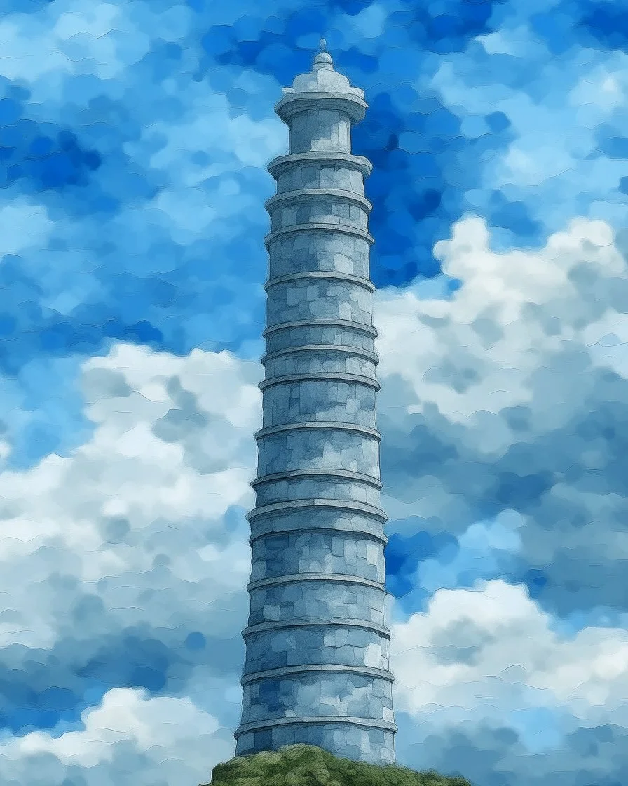A light grayish blue tower in the clouds designed in Ica stones painted by Jeffrey Kolker