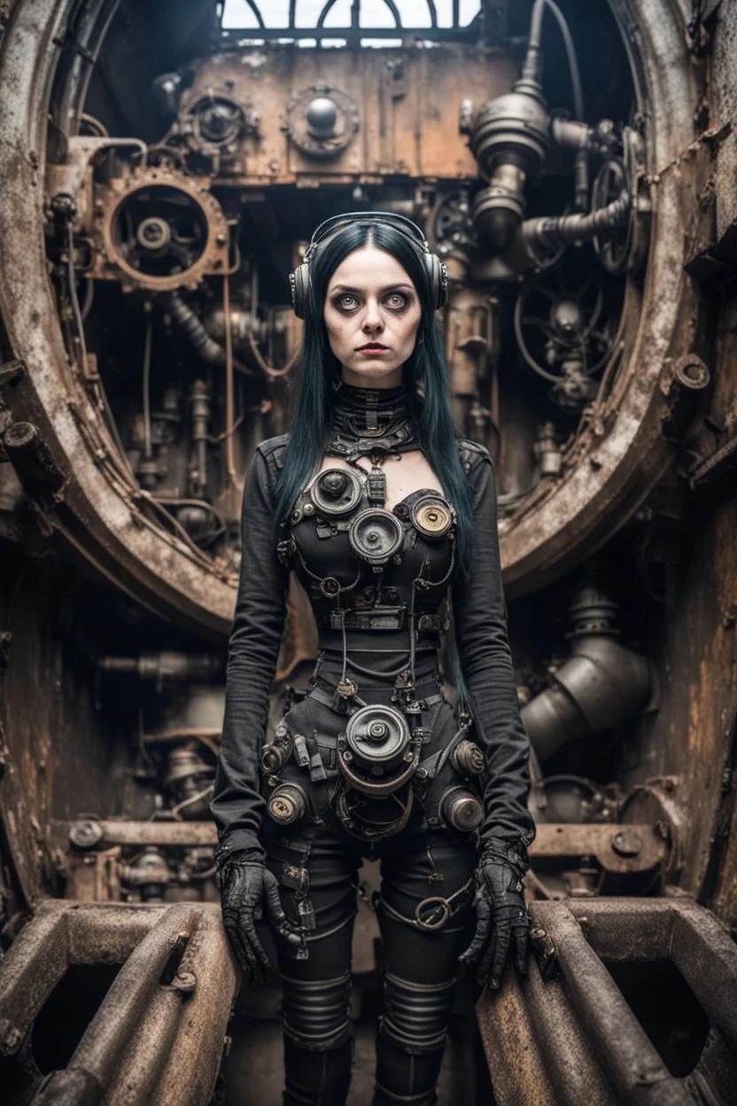 Closeup tall Girl goth with big eyes, ragged clothes, fullbody, dieselpunk, valves and old robots behind, the perspective looking up from the bottom of an empty well , 8k,macro photography,