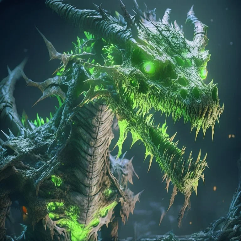 Giant horrific zombie dragon made of bones and rotten flesh, covered with glowing green slime, photorealistic, unreal engine 5, masterpiece, trending on artstation