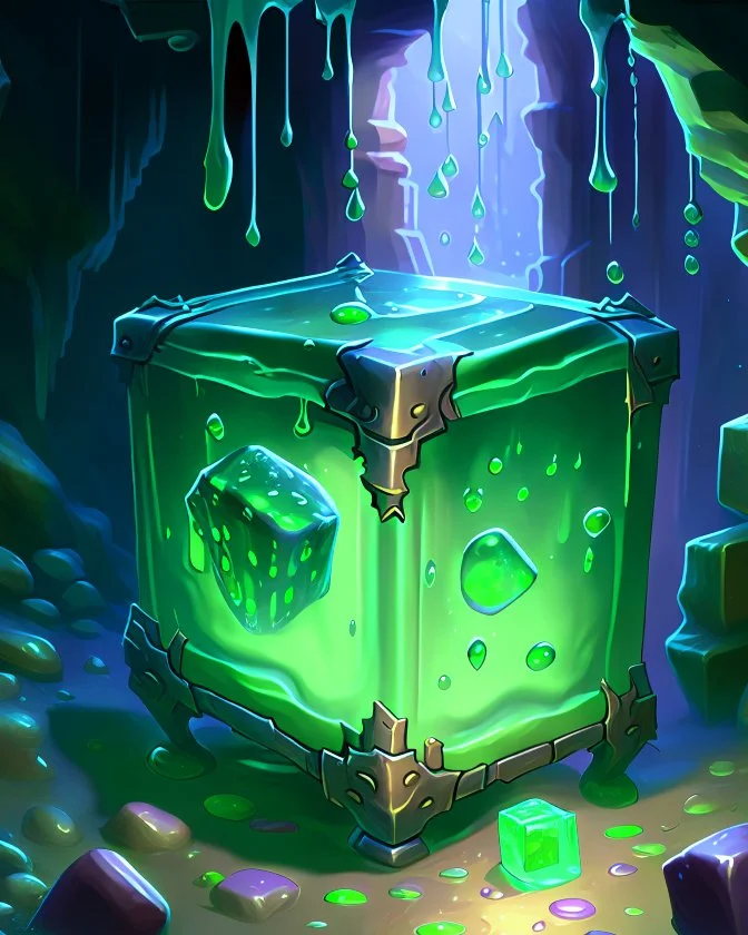 a slimy dripping gelatinous cube in vast dungeon cave room with treasure chests rpg art painterly