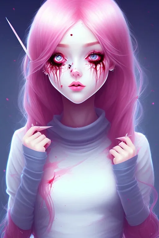 girl, holding knife, cute, beautiful, big nose, pink hair, long hair, blue eyes, black sweater, blood splatter