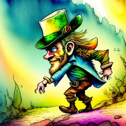 watercolor style, Leprechaun walking on a rainbow, style of Jean-Baptiste Monge fantasy high detail crisp quality