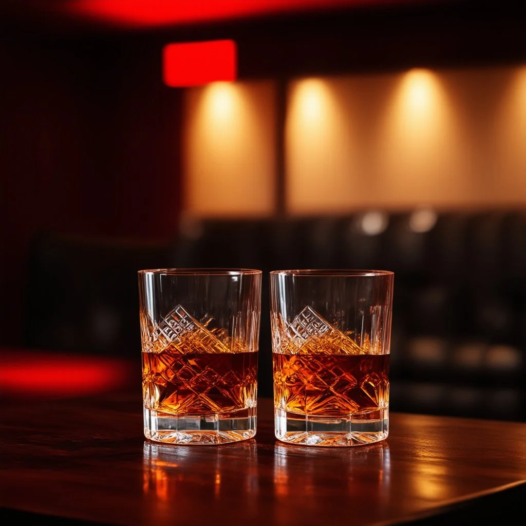 a table showing two whisky glasses in a dark room, red hues