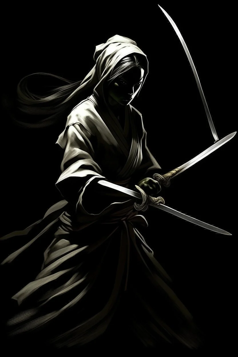female ghost wielding a katana, Caravaggio style