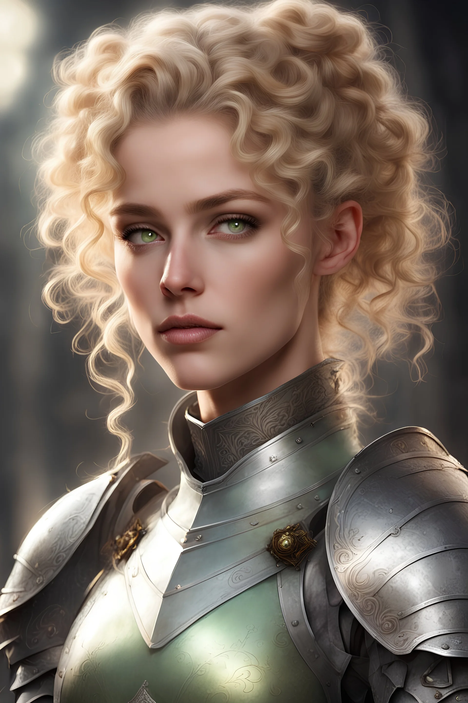 beautiful young lady with pale green eyes, her curly blonde hair is tied into a bun, her skin is luminous and her features delicate, she is wearing knight's armor, her expression is resolute