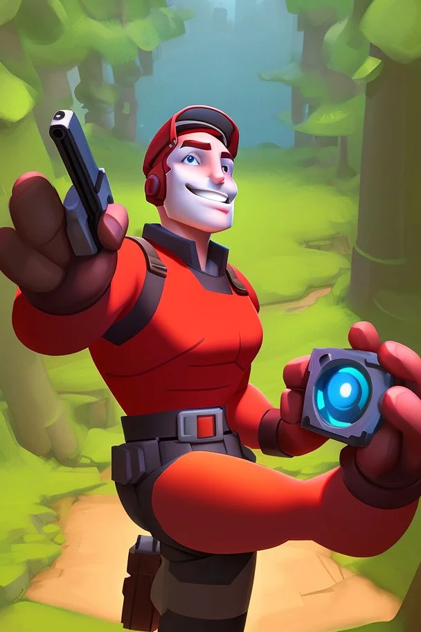 Red Engineer from Team Fortress 2 taking a selfie at the forest