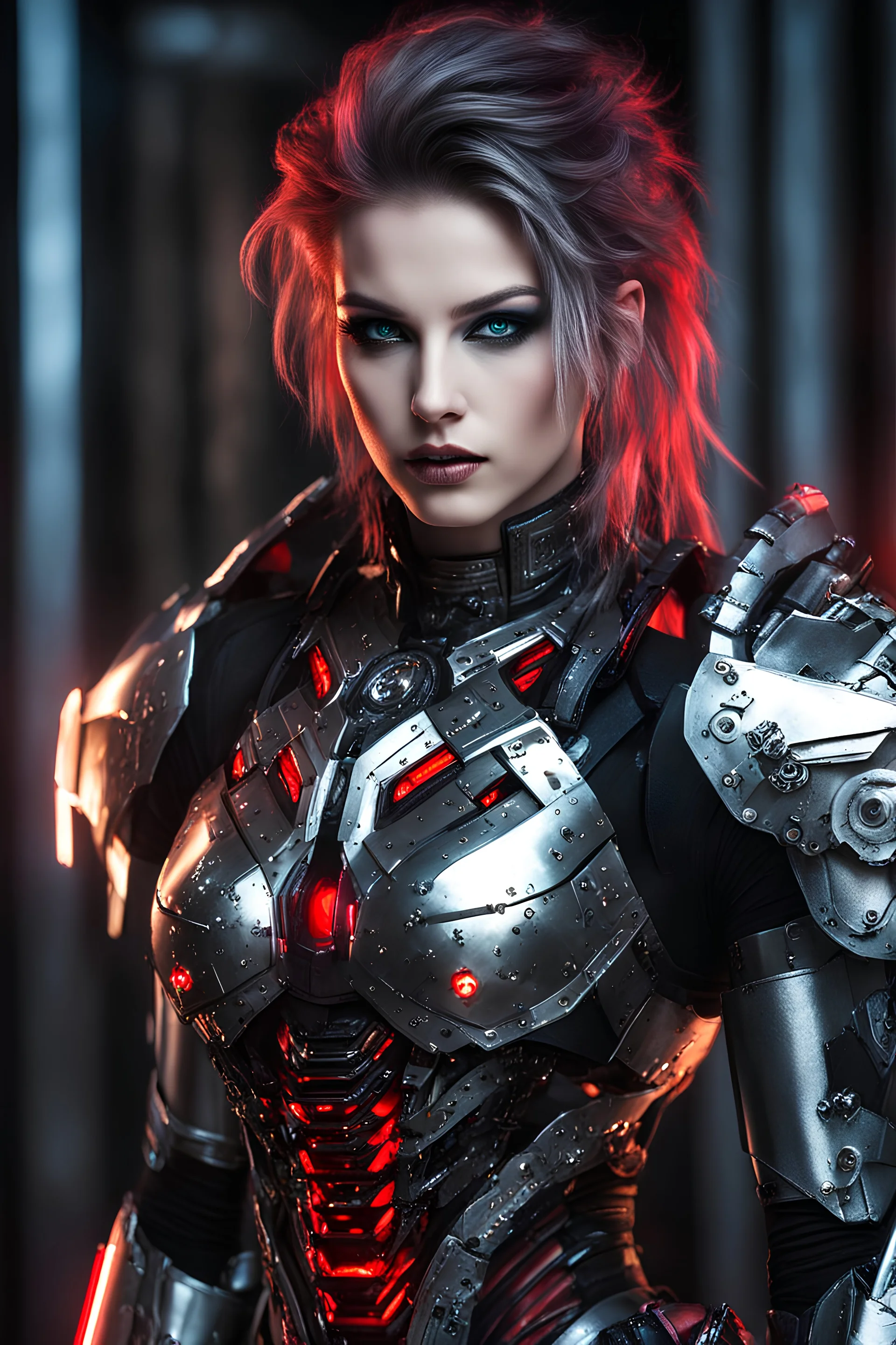 Half body Photography HDR Beautiful Woman Rocker Heavy Metal as Cyber Mecha Stainless steel,her highly detailed, otherworldly appearance. Her porcelain-like skin is flawless and gleams with an ethereal glow, contrasting sharply with the deep black of her cybernetic armor. Her eyes are piercing through the darkness with their stunning red neon glow