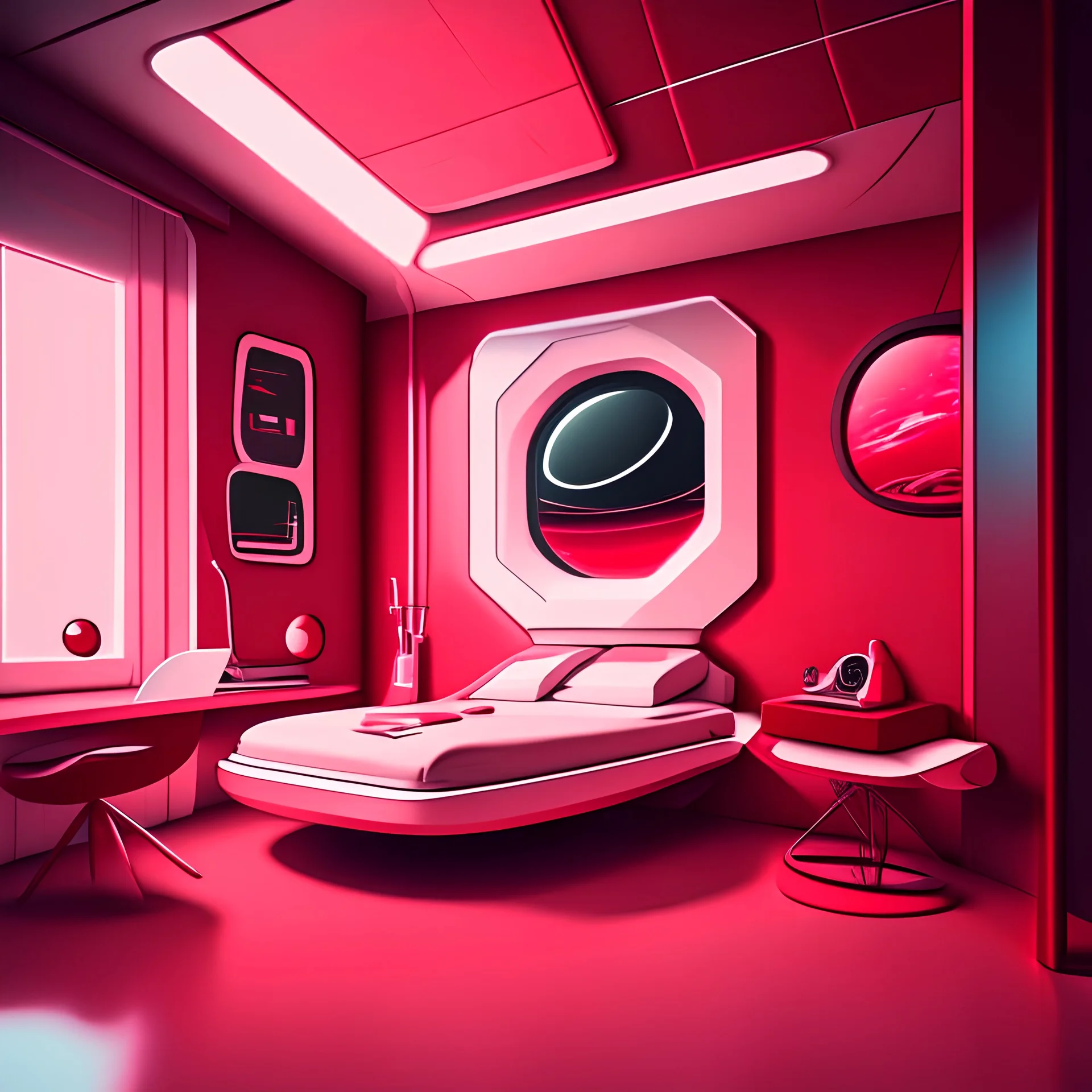 Cartoon futuristic dark red, red, pink, and white space bedroom with a table in the corner with a hover chair and a bed against the wall, interior
