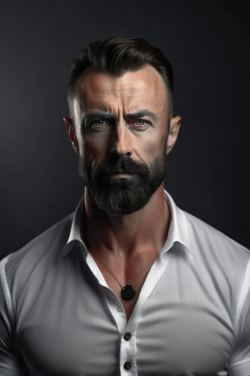 Ultra realistic photograph of muscular male in white button up shirt, dark hair cut short and neatly trimmed beard