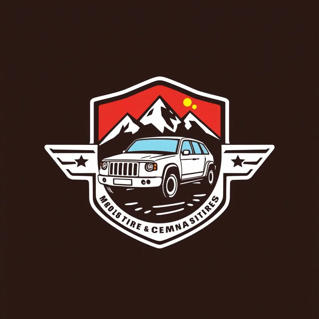 logo for a shop that repairs automobiles, installs tires and does oil changes, inside a shield shape, in the style of national parks stickers