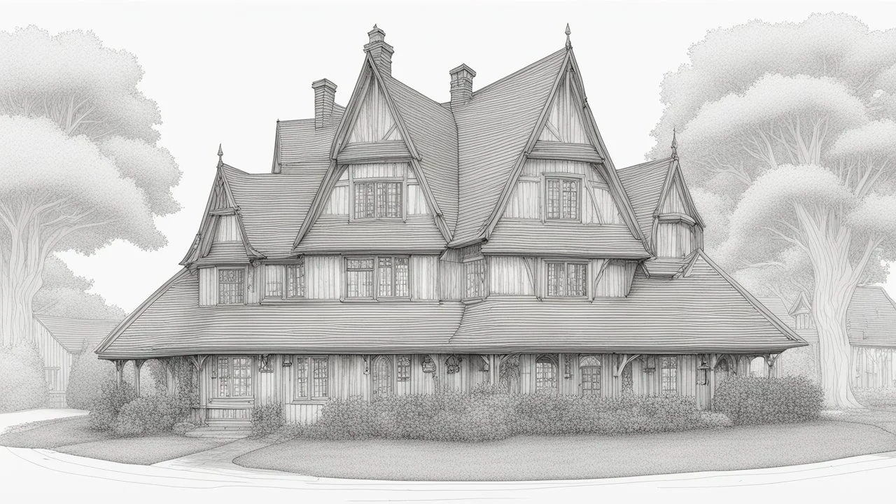A front elevation fine line drawing of a fantasy Tudor farmhouse.