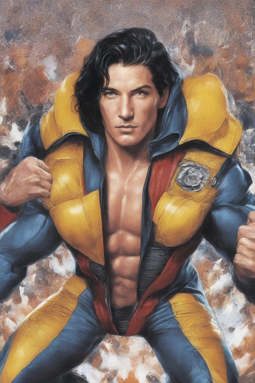 20-year-old girl, extremely muscular, short, buzz-cut, pitch black hair, Paul Stanley/Elvis Presley/Keanu Reeves/Pierce Brosnan/Jon Bernthal/Sean Bean/Dolph Lundgren/Patrick Swayze/ hybrid, as the extremely muscular Superhero "SUPERSONIC" in an original patriotic red, white and blue, "Supersonic" suit with an America Flag Cape,