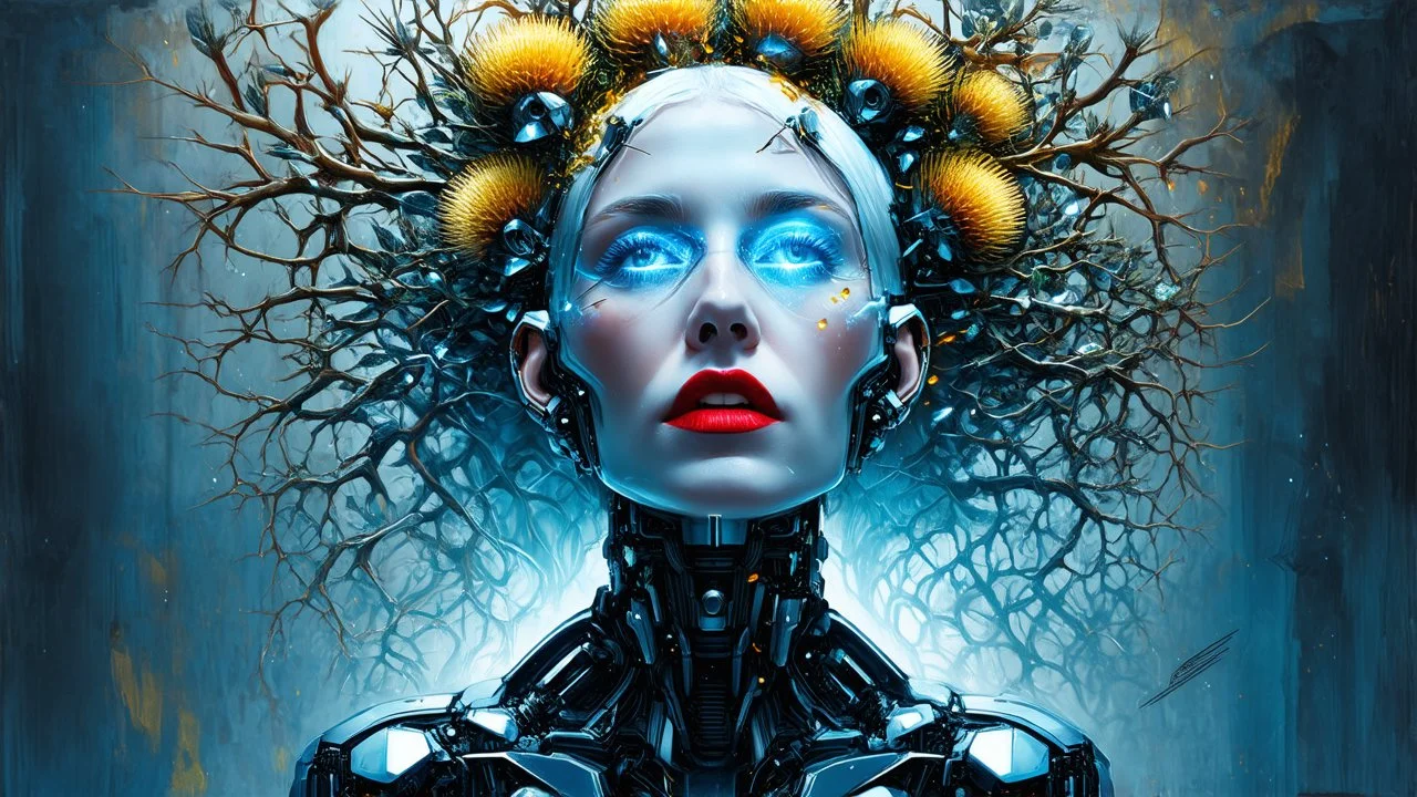 old worn paper, Ethereal bald white woman with thorns, thistles and plant roots on her head, cyberpunk biomechanics digital painting depicting a glowing woman with robotic features, combining human and artificial elements in a gripping sci-fi scene with intricate details and a cinematic atmosphere. Red lips, gold fragments, silver particles, wind, swirls, glare, glow from within, 8K, fine rendering, high detail, hyperrealism, high resolution, multi-layered, hyperdetail, hyperfocus,