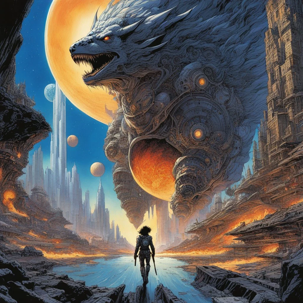 [art by Masamune Shirow] In a realm of cosmic wonder, Jesus explores canyon holes with geometric carvings, encountering microscopic water bears and a punk band with spiky hair. Inside a unique spaceship, he witnesses a planet in chaos, with running bison and falling buildings amidst the fiery skyline of New York. The surreal scene intertwines skin follicles, mannequins, and seaweed mattresses in a dance of existence, revealing the essence of creation and transformation. Amidst the mysteries of t