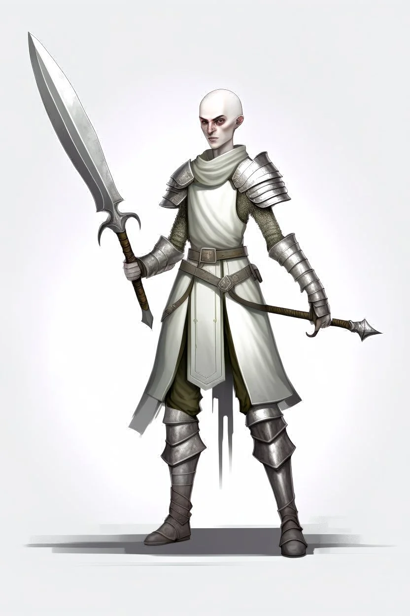 full length, friendly, tall 22-year old, shaved head, grey-eyed female cleric wearing scale mail with a sickle