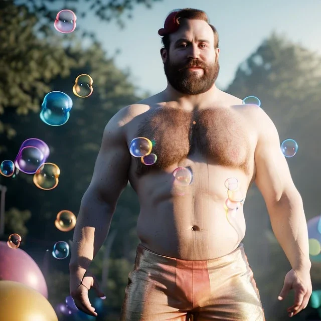 Ultra realistic circus scene. Classic Naked strongman waist up view, Wes Anderson style, happy, bubbles, butterflys, highly detailed, concept art, unreal engine 5, god rays, ray tracing, RTX, lumen lighting, ultra detail, volumetric lighting, 3d, finely drawn, high definition, high resolution.