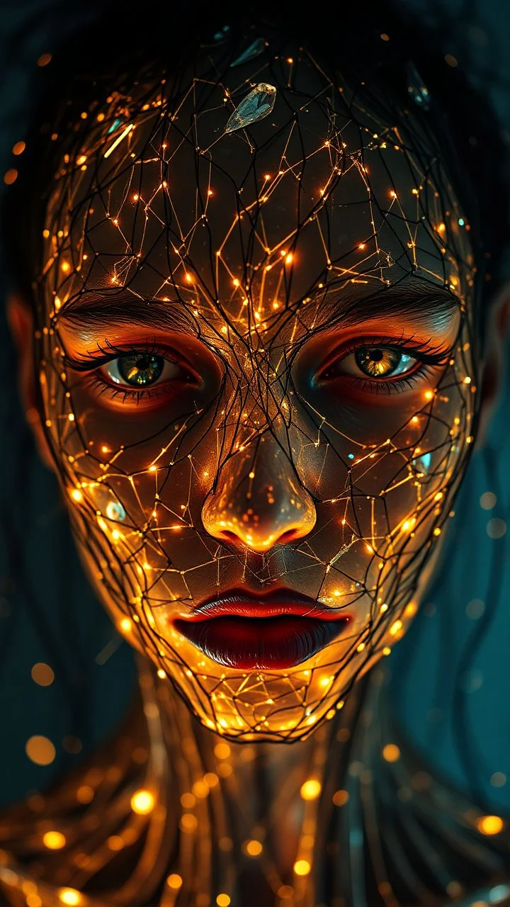 A human face made of glowing threads and sharp, beautiful shards of glass, vulnerable and strong, surreal anatomy, emotional
