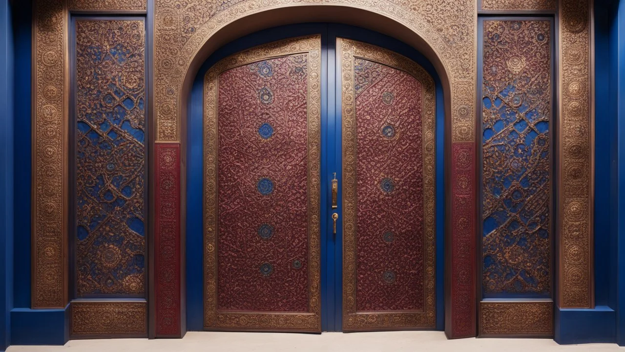 Middle Angle Of A Beautiful Intricately Crafted Door Of A Traditionally Designed Mosque, The Door Is Of Brown In Colors With Symmetrical Golden Floral Patterns And With Ruby Stones Symmetrically Placed On Both Sides, With Symmetrically Crafted Navy-Blue, Maroon And Floral Patterns Both Sides Of The Door With Overall Intricate Details Showing The Grandeur Of The Door.