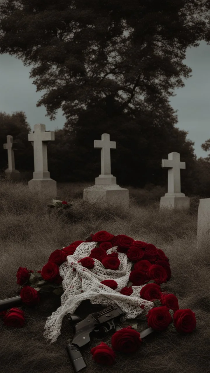 A grave in a field full of r ed roses. Above the grave is a white lace scarf and a gun.cinematic