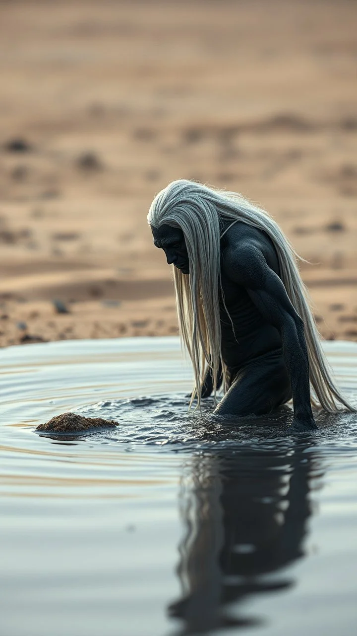A hyper realistic photo of: Some forgotten realms strong dark skinned draw creature with long white hair wades into a strongly dark grey colour emitting magically radiating and bubbling color pool in an endless windswept level landscape of only sand and grit. photorealistic, bokeh, masterpiece, smooth shading, ultra detailed, high resolution, cinematic, unreal 6, subtle shadows, octane render, 8k, cinema 4d, HDR, dust effect, vivid colors, thin line draw