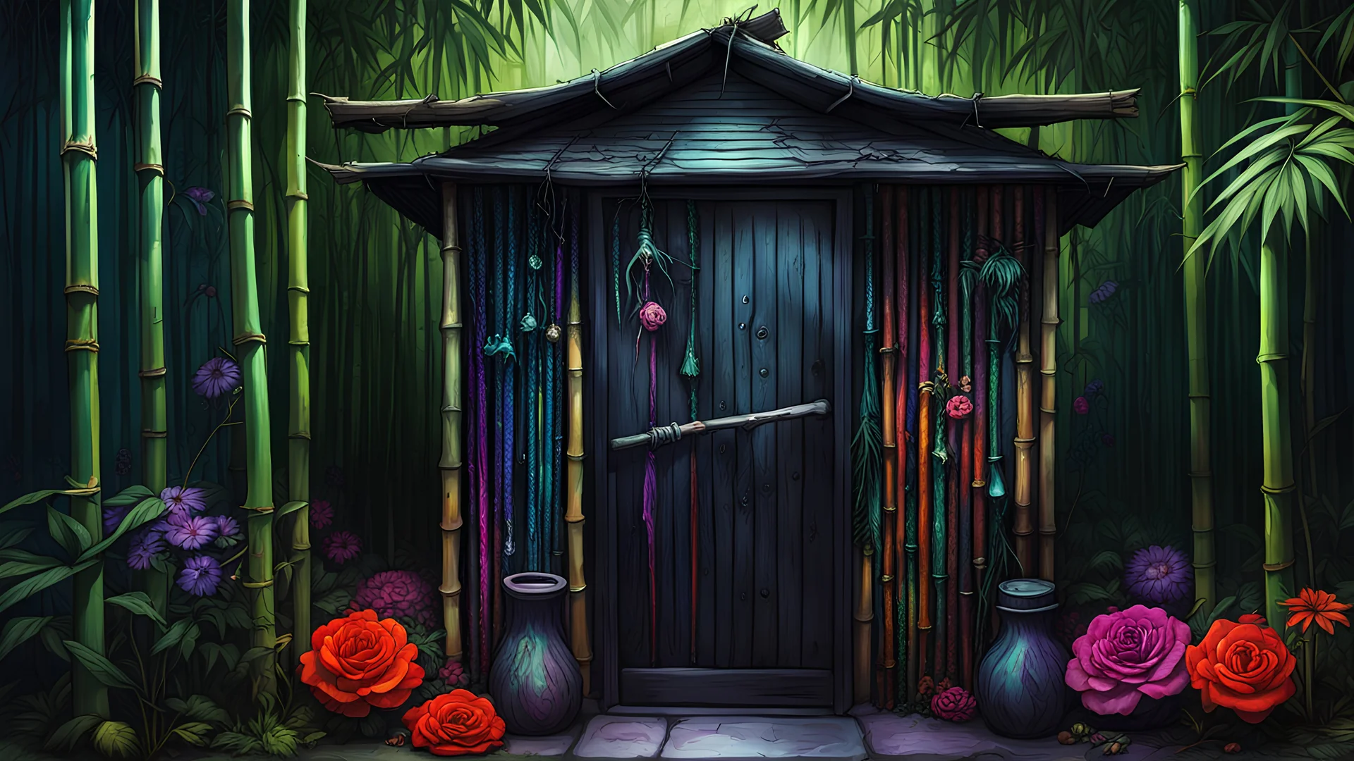 full-body shot of an insatiably evil black opal iridescent pearlescent dark witchy bamboo island tool shed, gardening tools, witchy art on walls, flowers hanging from marble bamboo columns, colorful macabre, Dariusz Zawadzki art style, liminal spaces, horror art, dark gaming background, wet, glossy, horror art, trypophobia, eerie, intricate details, HDR, beautifully shot, hyperrealistic, sharp focus, back lit, 64 megapixels, perfect composition, high contrast, cinematic