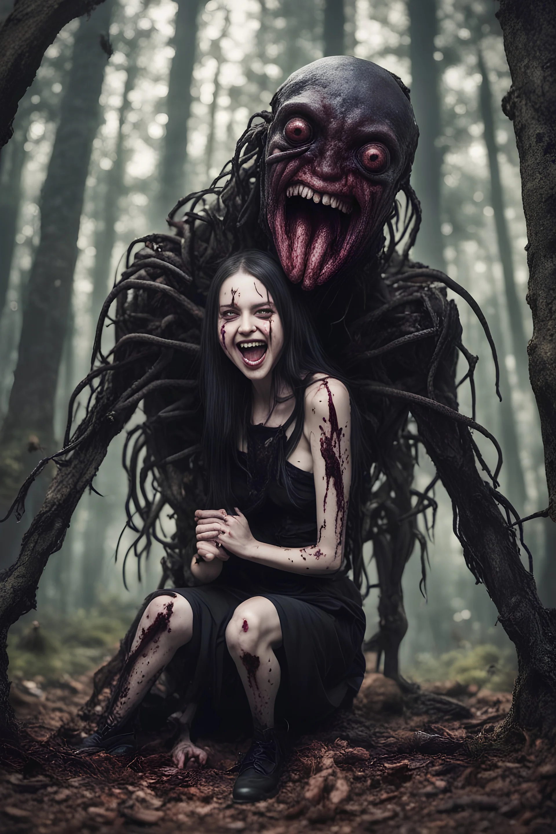 Rare parasite creature holding a goth girl in the forest, smiling meanwhile many worms streaming from his mouth, face distorted with pain, screaming, tears streaming, siting pose, fullbody, macro photography,