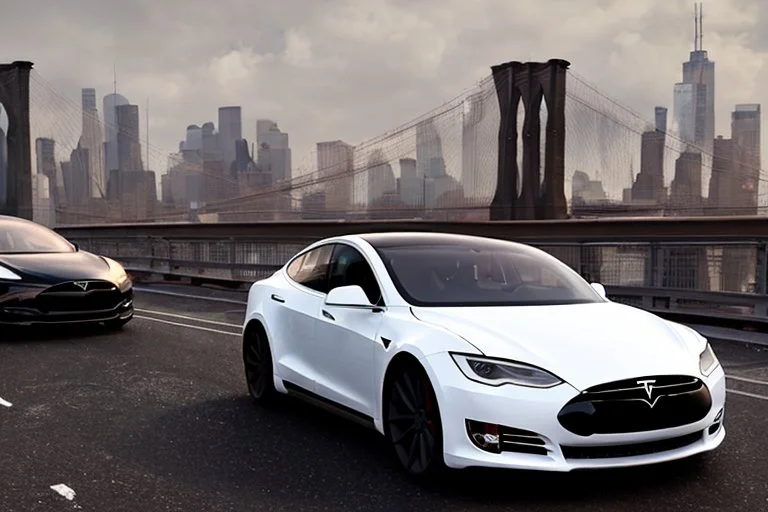A Tesla's 'Model S' is racing at top speed, on the 'Brooklyn Bridge' in New York. CINEMATIC. WIDE ANGLE LENS. PHOTO REAL.