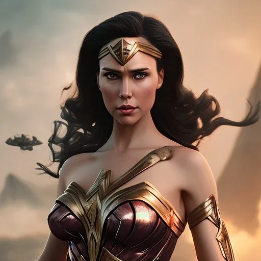 Wonder woman posing in front of a giant insect, futuristic design, a paradise in background, close-up face, geometric armor, female face, 3d unreal engine, black face, close up armor, church detail, lovely face