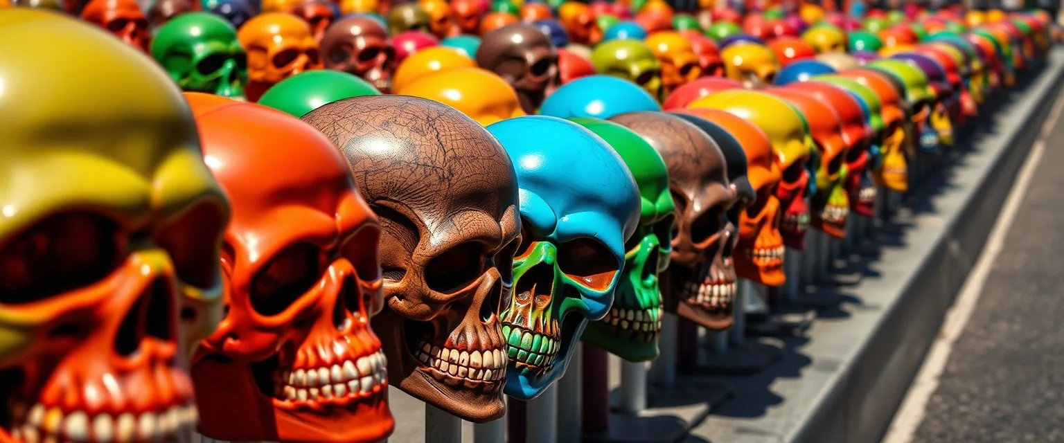 a field of skulls, multi colored, bright, vivid, psychedelic, high detailed, high gloss, insanely detailed, matte, horrorcore, lining the street, unsettling contrast, monument to death, grim reaper parade