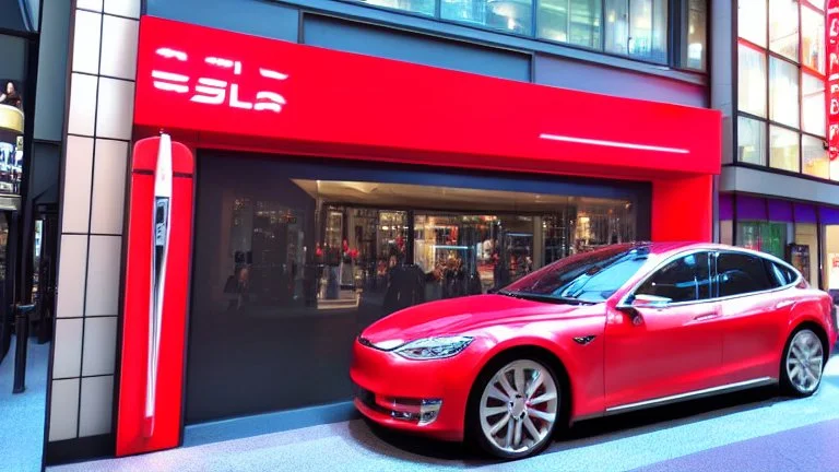 A Tesla's 'Model S Plaid' is parked, within the 'Universal Studios Japan', in Osaka. CINEMATIC. WIDE ANGLE LENS. PHOTO REAL.