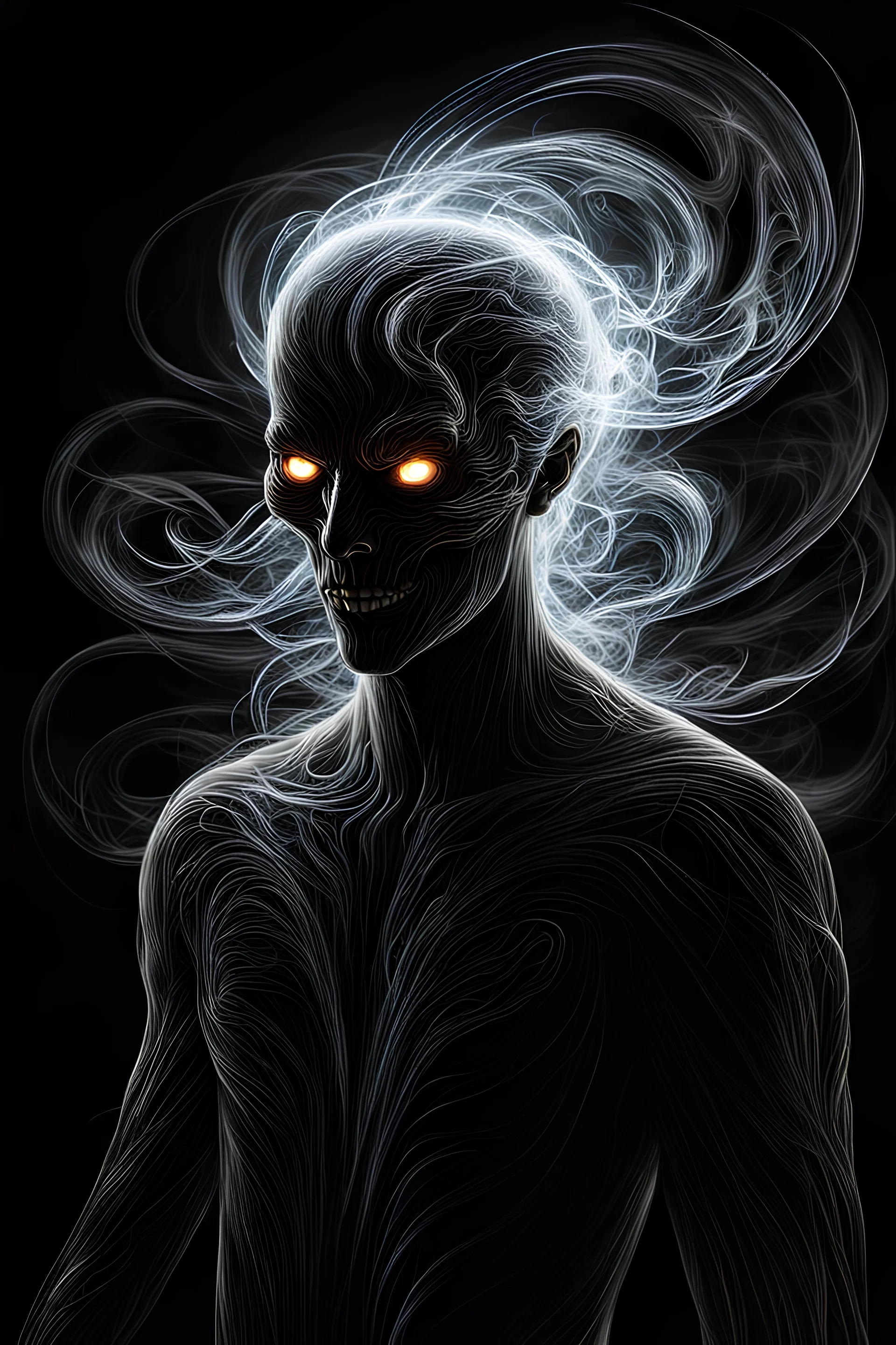 (an anthropomorphic being made of swirling light), (translucent body), (sinister environment), black background, medium portrait