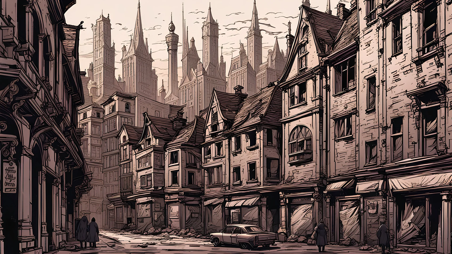 the comic style, a melancholic & mysterious cityscape, Gothic-inspired buildings, desolate streets, an artwork